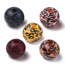 Painted Natural Wood Beads, Printed, Round with Leopard Print