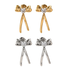 304 Stainless Steel Bowknot Stud Earrings, with Clear Cubic Zirconia