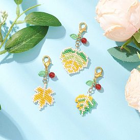 3Pcs 3 Styles Maple Leaf Acrylic & Glass Seed & Natural Carnelian Beads Pendant Decorations, with Zinc Alloy Lobster Claw Clasps
