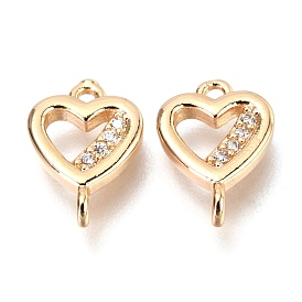 Brass Micro Pave Clear Cubic Zirconia Links Connectors, Long-Lasting Plated, Heart