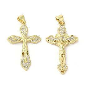 Rack Plating Brass Micro Pave Cubic Zirconia Pendants, Cross with Jesus, Long-Lasting Plated, Cadmium Free & Lead Free