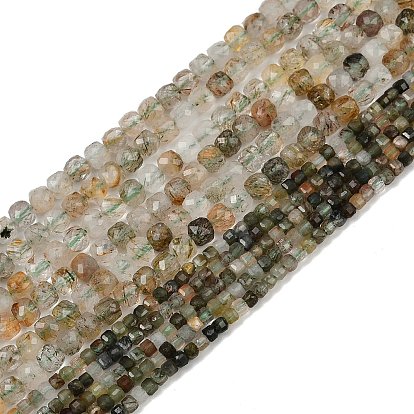 Natural Green Rutilated Quartz Beads Strands, Faceted, Cube