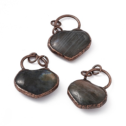 Natural Labradorite Big Pendants, Heart Charms, with Rack Plating Red Copper Tone Brass Findings, Cadmium Free & Lead Free