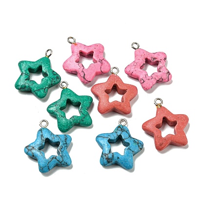 Synthetic Turquoise Dyed/Undyed Pendants, Star Charms with Platinum Tone Iron Loops