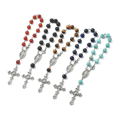 5Pcs 5 Style Natural Mixed Gemstone Rosary Bead Bracelets Set, Alloy Cross & Virgin Mary Charm Bracelets for Women
