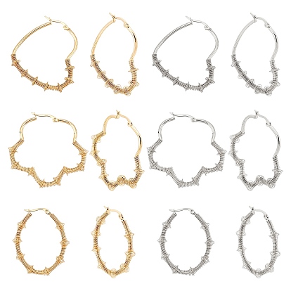 6 Pairs 6 Style Heart & Flower & Oval 304 Stainless Steel Wire Wrapped Hoop Earrings, Hypoallergenic Earrings