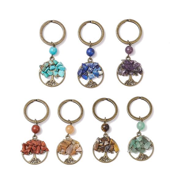 7шт. брелки из натуральных драгоценных камней, с разъемными кольцами для ключей из сплава и железа, древо жизни