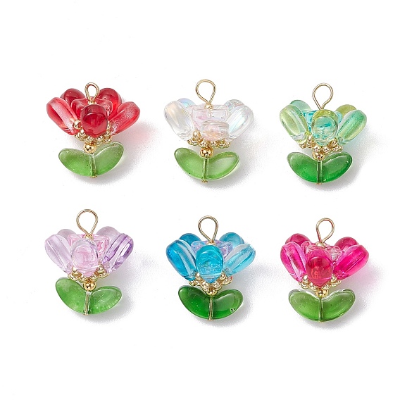 Подвески из стеклянных цветов, со стеклянными бусинами, гальваническим покрытием и окрашенными распылением стеклянными бусинами и настоящими 18позолоченными 304 штифтами из нержавеющей стали с плоской головкой