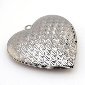 304 Stainless Steel Photo Locket Pendants, Heart Carved Waved Pattern