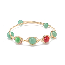 Natural Green Aventurine & Resin Round Beaded Cuff Bangle, Copper Wire Wrapped Jewelry for Women, Light Gold