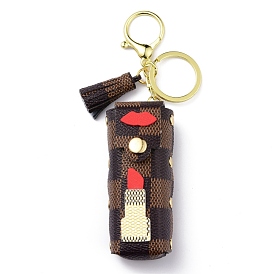 PU Leather Lipstick Holder Keychains, Portable Lip Balm Organizer Holder Bag for Women Ladies, with Light Gold Tone Alloy Lobster Claw Clasps & Iron Keychain, Rectangle with Tartan Pattern