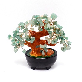 Natural Green Aventurine Chip Money Tree, with Copper Wire, Wood Base and Resin Branch, for Home Display Decorations