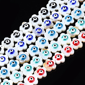 Natural Freshwater Shell Beads, with Enamel, Flower with Evil Eye