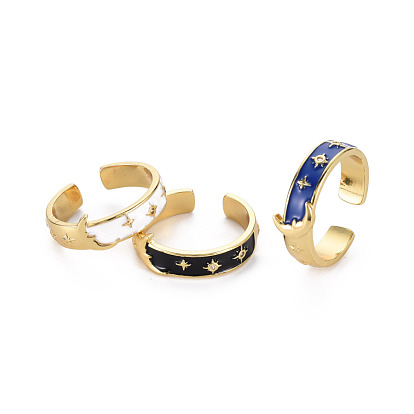 Real 16K Gold Plated Star & Moon Enamel Cuff Rings for Women, Brass Micro Pave Cubic Zirconia Open Rings, Cadmium Free & Nickel Free & Lead Free