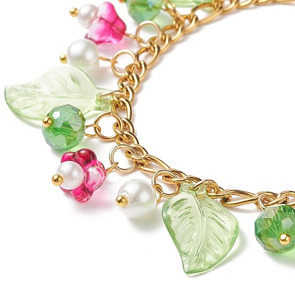 5Pcs 5 Color Glass Pearl & Trumpet Flower & Acrylic Leaf Charm Bracelets Set, Golden 304 Stainless Steel Stackable Bracelets for Women