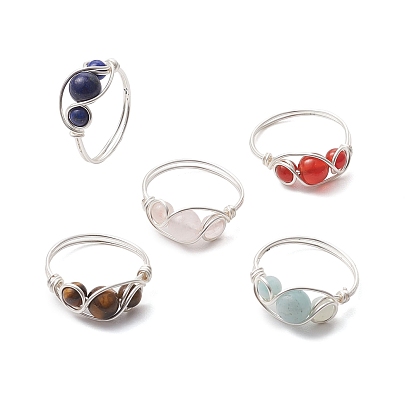 Кольца на палец с круглыми бусинами и натуральным драгоценным камнем из медной проволоки для женщин