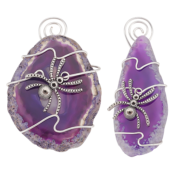 Медная проволока, обернутая натуральными необработанными грубыми агатовыми самородками, большие подвески, окрашенная и подогревом, с кулоном из сплава в виде паука со стразами