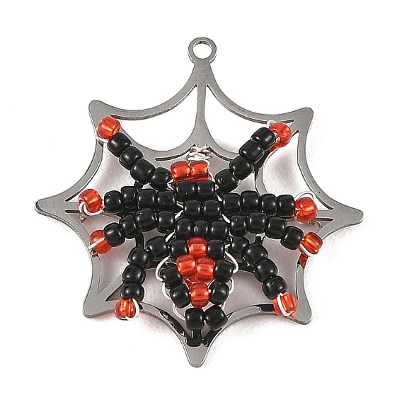 Halloween 201 Stainless Steel & Glass Seed Beaded Pendants, Spider & Spider Web Charm, with Natural Black Onyx