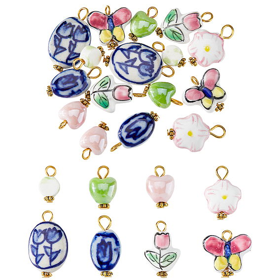 16шт 8 стильные фарфоровые подвески ручной работы, с железной фурнитурой, разнообразные, золотые