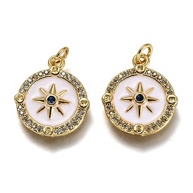 Brass Micro Pave Clear & Royal Blue Cubic Zirconia Pendants, Long-Lasting Plated, with Jump Rings & White Enamel, Compass Shape
