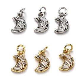 Brass Micro Pave Cubic Zirconia Charms, with Jump Rings, Long-Lasting Plated, Moon