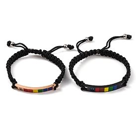 Adjustable Nylon Cord Braided Bead Bracelets, PVD Vacuum Plating 304 Stainless Steel Enamel Rainbow Link Bracelets