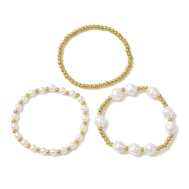 3Pcs 3 Styles 304 Stainless Steel & Resin & ABS Plastic Imitation Pearl Beaded Stretch Bracelet Sets, Stackable Bracelets