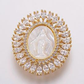 Brass Micro Pave Cubic Zirconia Pendants, with Shell Carved Virgin, Long-Lasting Plated, Oval, Real 18K Gold Plated