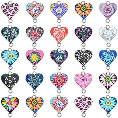 42Pcs 21 Styles Alloy Enamel Connector Charms, Heart-Shaped Links with Flower Pattern, Platinum