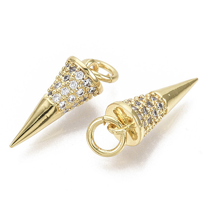 Brass Micro Pave Cubic Zirconia Pendants, with Jump Rings, Nickel Free, Cone, Clear