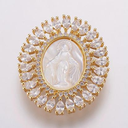 Brass Micro Pave Cubic Zirconia Pendants, with Shell Carved Virgin, Long-Lasting Plated, Oval, Real 18K Gold Plated