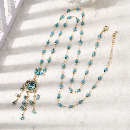 Подвеска в стиле бохо из латуни и смолы с синим оберегом от сглаза и кисточкой из окрашенной натуральной крошки говлита., стойки покрытие, долговечный, без кадмия и без свинца, бирюзовые