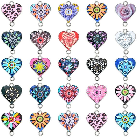 42Pcs 21 Styles Alloy Enamel Connector Charms, Heart-Shaped Links with Flower Pattern, Platinum