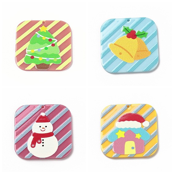 Printed  Acrylic Pendants, for Christmas, Square with Christmas Tree/Bell/Snowman/House Pattern Charm