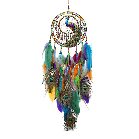 Ornements suspendus en acrylique et filet tissé représentant un paon, avec plumes., Décoration murale bohème pour chambre à coucher