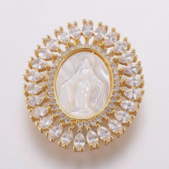 Brass Micro Pave Cubic Zirconia Pendants, with Shell Carved Virgin, Long-Lasting Plated, Oval, Real 18K Gold Plated
