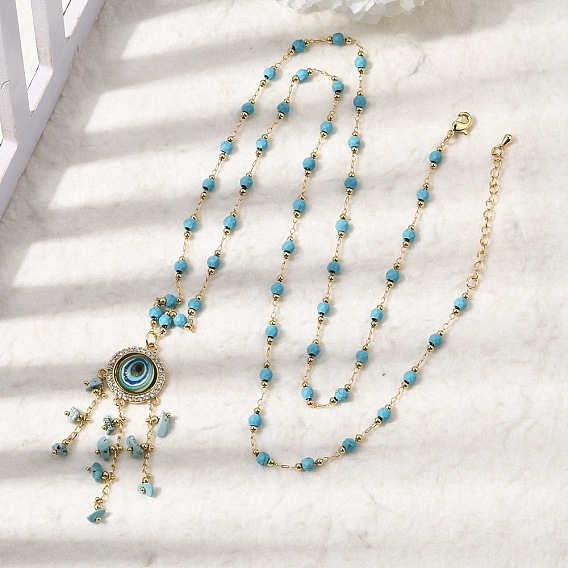 Подвеска в стиле бохо из латуни и смолы с синим оберегом от сглаза и кисточкой из окрашенной натуральной крошки говлита., стойки покрытие, долговечный, без кадмия и без свинца, бирюзовые