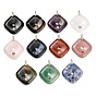 Natural Gemstone Pendants, Rhombus Charms, with Brass Pave Cubic Zirconia Findings, Golden