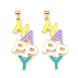 Brass Enamel Pendants, Long-Lasting Plated, Real 18K Gold Plated, Word HAPPY