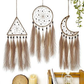 Cotton Woven Net/Web with Grass Hanging Decorations, Braided Wooden Beads Hanging Ornaments for Home Office Decoration