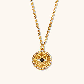 Vintage Minimalist Black Eye Sunburst Coin Pendant Necklace with Rhinestones