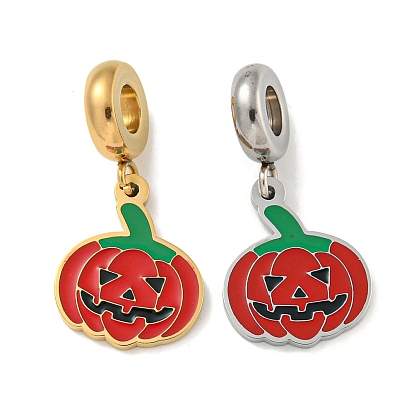 304 Stainless Steel Red Enamel European Dangle Charms, Halloween Pumpkin Large Hole Pendants