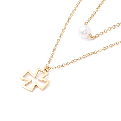304 Stainless Steel Necklaces, Double Layer Necklaces with Pearl Bead & Cross Pendant, for Women