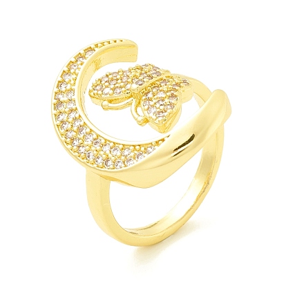 Clear Cubic Zirconia Moon with Butterfly Open Cuff Ring for Women, Cadmium Free & Lead Free