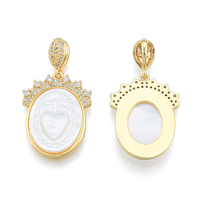 Brass Micro Pave Clear Cubic Zirconia Pendants, with Shell, Nickel Free, Real 18K Gold Plated, Oval with Heart