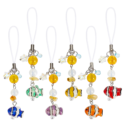 6piezas 6 colores correas móviles de porcelana y cuentas de vidrio hechas a mano, pescado