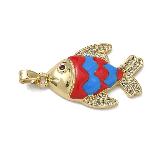 Латунные микропаве прозрачные подвески с фианитом, Подвески в виде рыбок с красной и синей эмалью., долговечный, стойки покрытие, без свинца и без кадмия