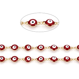 Handmade Brass Link Chains, with Enamel and Spool, Soldered, Long-Lasting Plated, Flat Round with Evil Eye