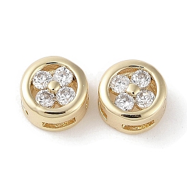 Brass Micro Pave Clear Cubic Zirconia Beads, Flat Round with Flower Pattern