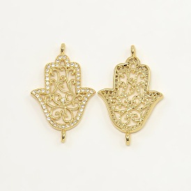 Филигрань hamsa рука / рука fatima / рука Miriam латунь микро проложить кубические циркониевые ссылки, без кадмия, без никеля и без свинца, 25x17x2 мм, отверстие : 1 мм